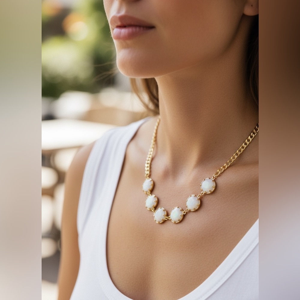 Gold Chain Necklace with White Opal Stones - Women's Fashion Jewelry